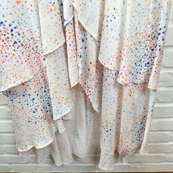 Hutch Multi Color Heart Maxi Dress White Satin Hi Low short sleeves V-neck 10 - Picture 5 of 15